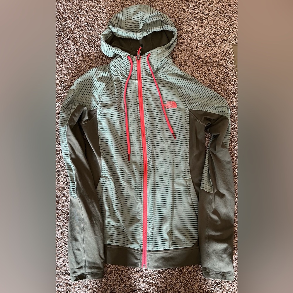 The North Face zip-up jacket, flash dry, sage green with vibrant trim.